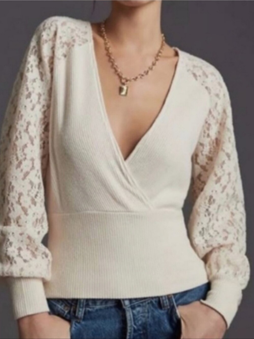 Anthropologie Lace Balloon Sleeve V Neck Blouse Size XXS